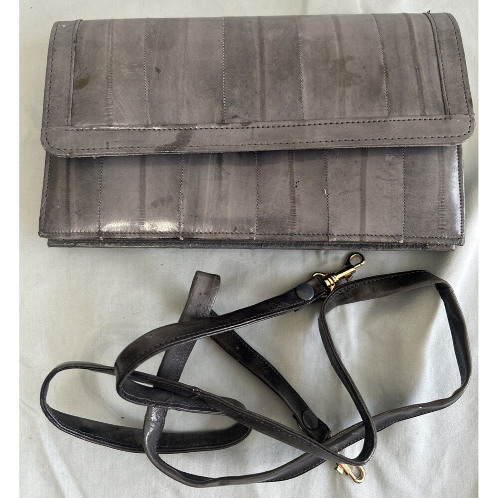 Vintage Women's Eel Skin Clutch Handbag Detachable Shoulder Strap Gray